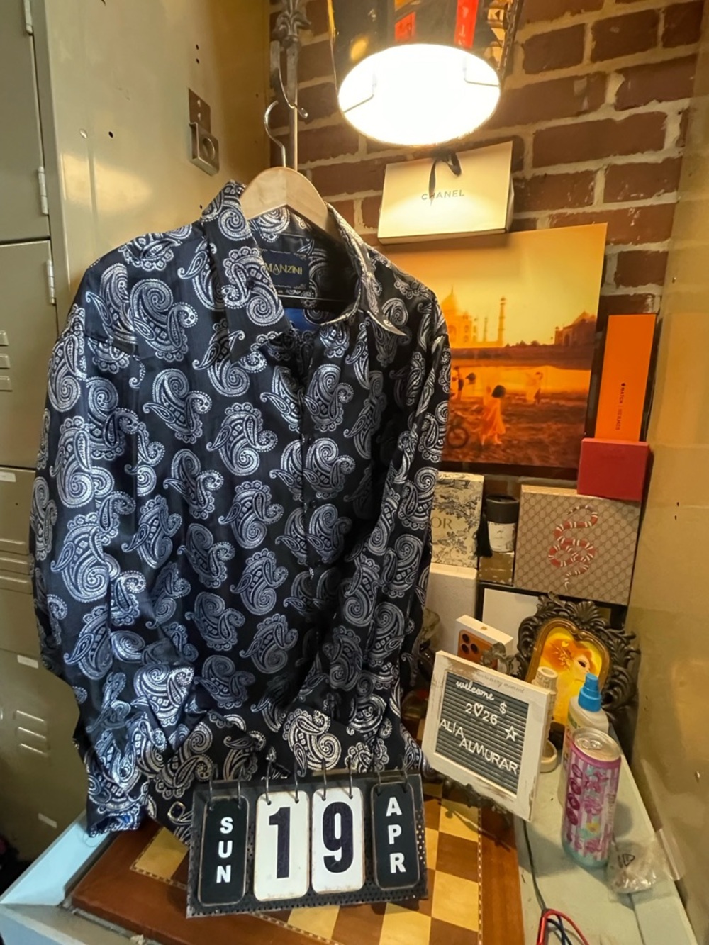 Manzini long-sleeve paisley button-up shirt featuring a bold silver and black